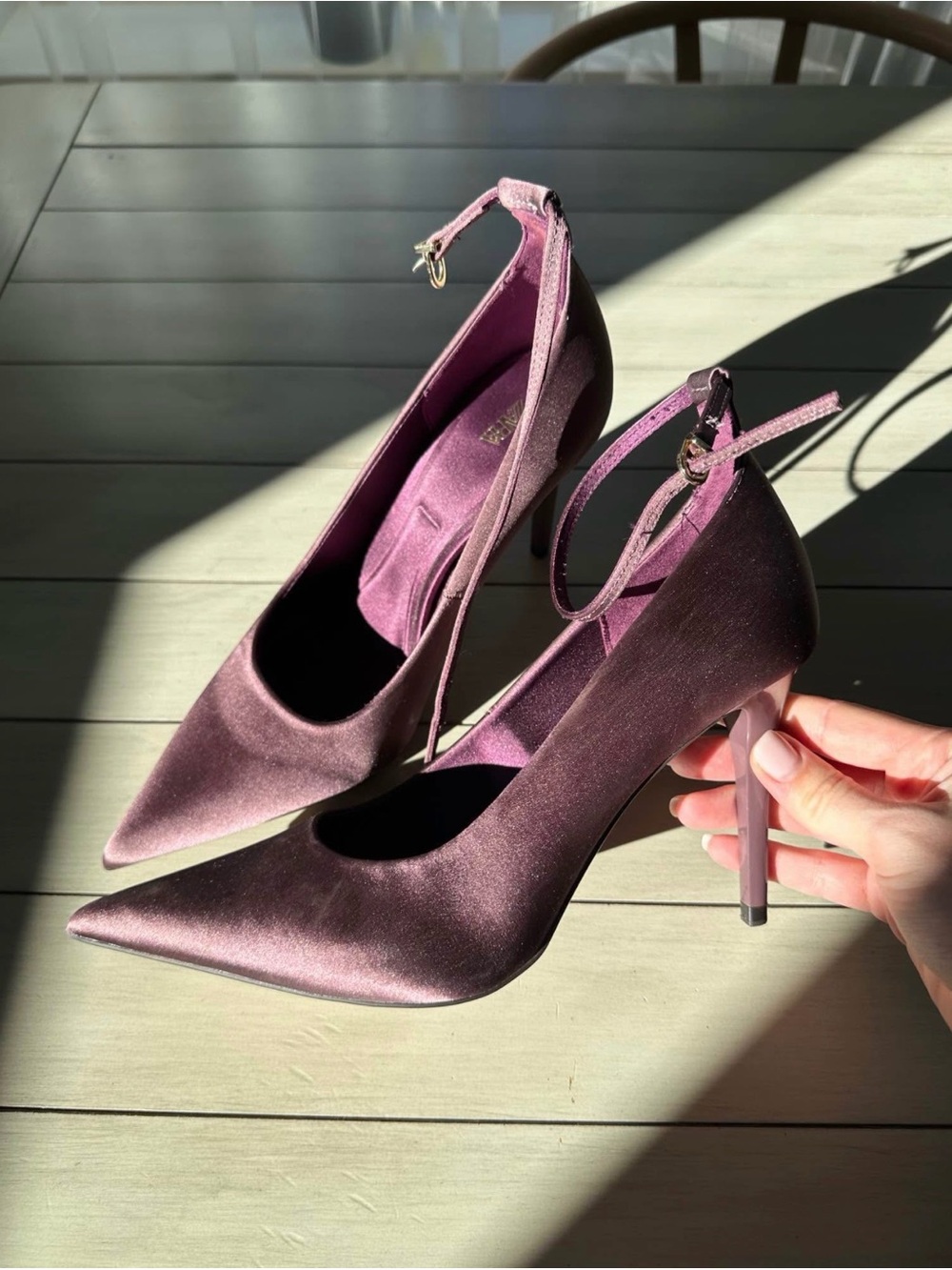 Zara Satin Pointed-Toe Ankle-Strap Heels in Plum
